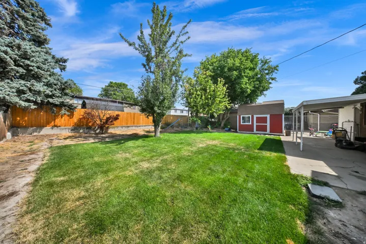 Expansive backyard featuring a green lawn, mature trees, a red storage shed, a covered patio, and wood fencing