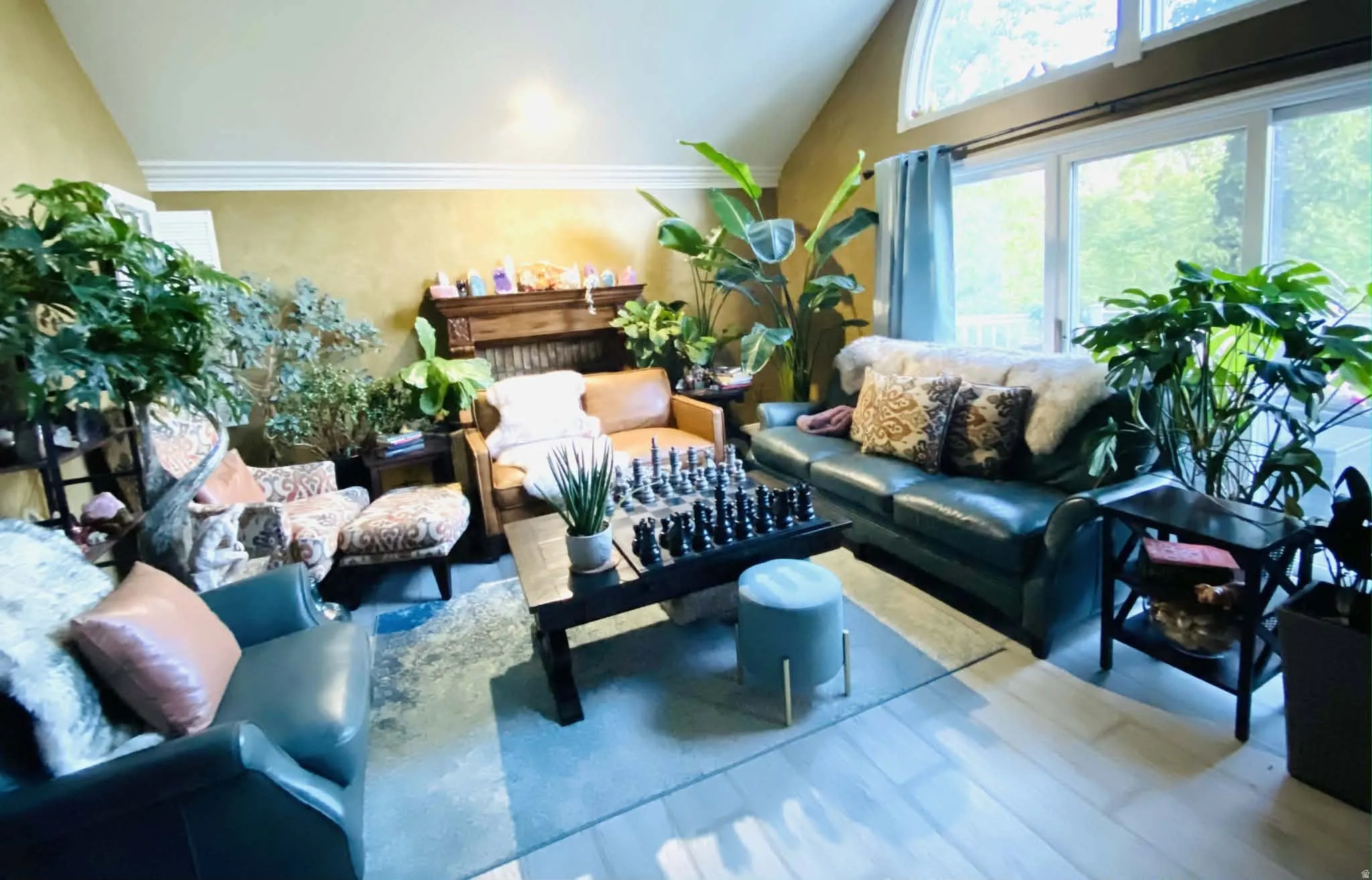 Vaulted ceiling with crown molding, light wood-finish flooring, large sliding glass doors, and an arched transom window