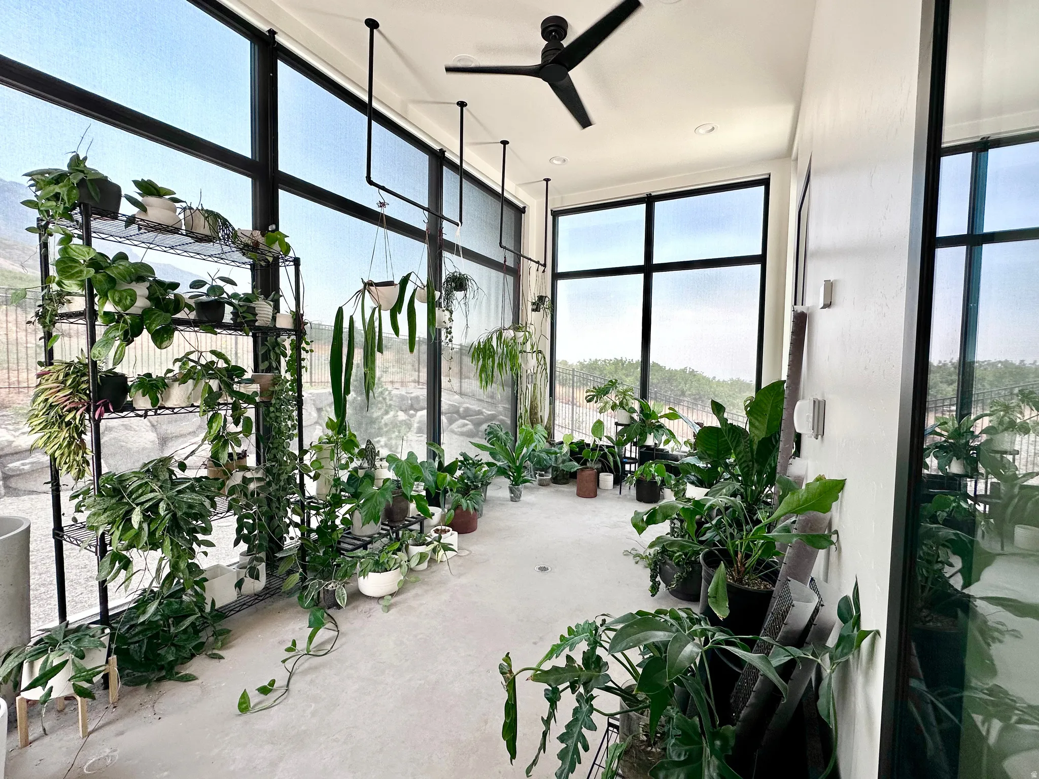 Floor-to-ceiling windows, black window frames, ceiling fan, recessed lighting, and light-toned flooring