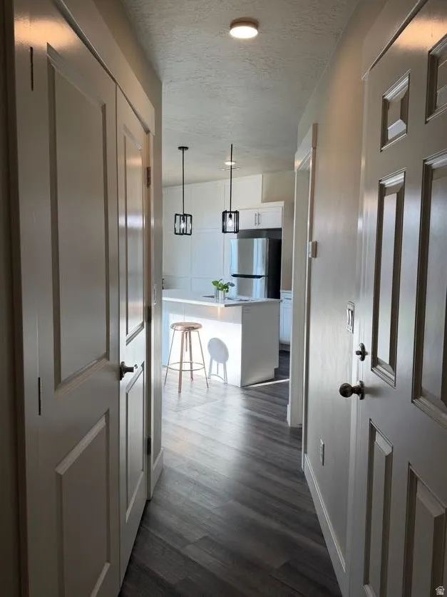 Hallway featuring wood-finish flooring, recessed lighting, and panel doors