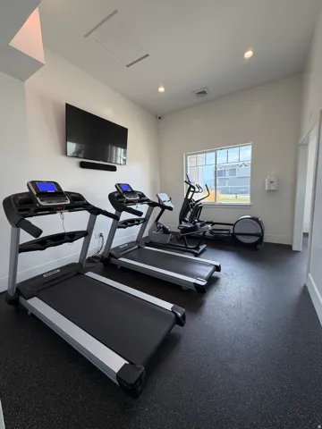 Recessed ceiling lighting, wall-mounted television, soundbar, rubberized flooring, and a large window