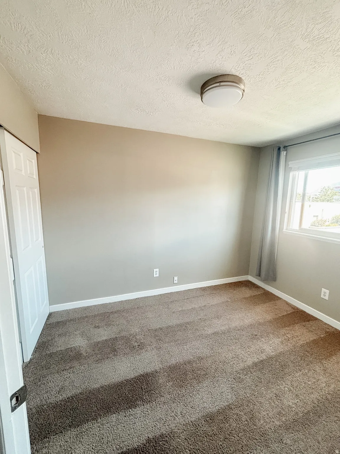 Neutral-toned walls, carpeted flooring, and a flush mount ceiling light fixture