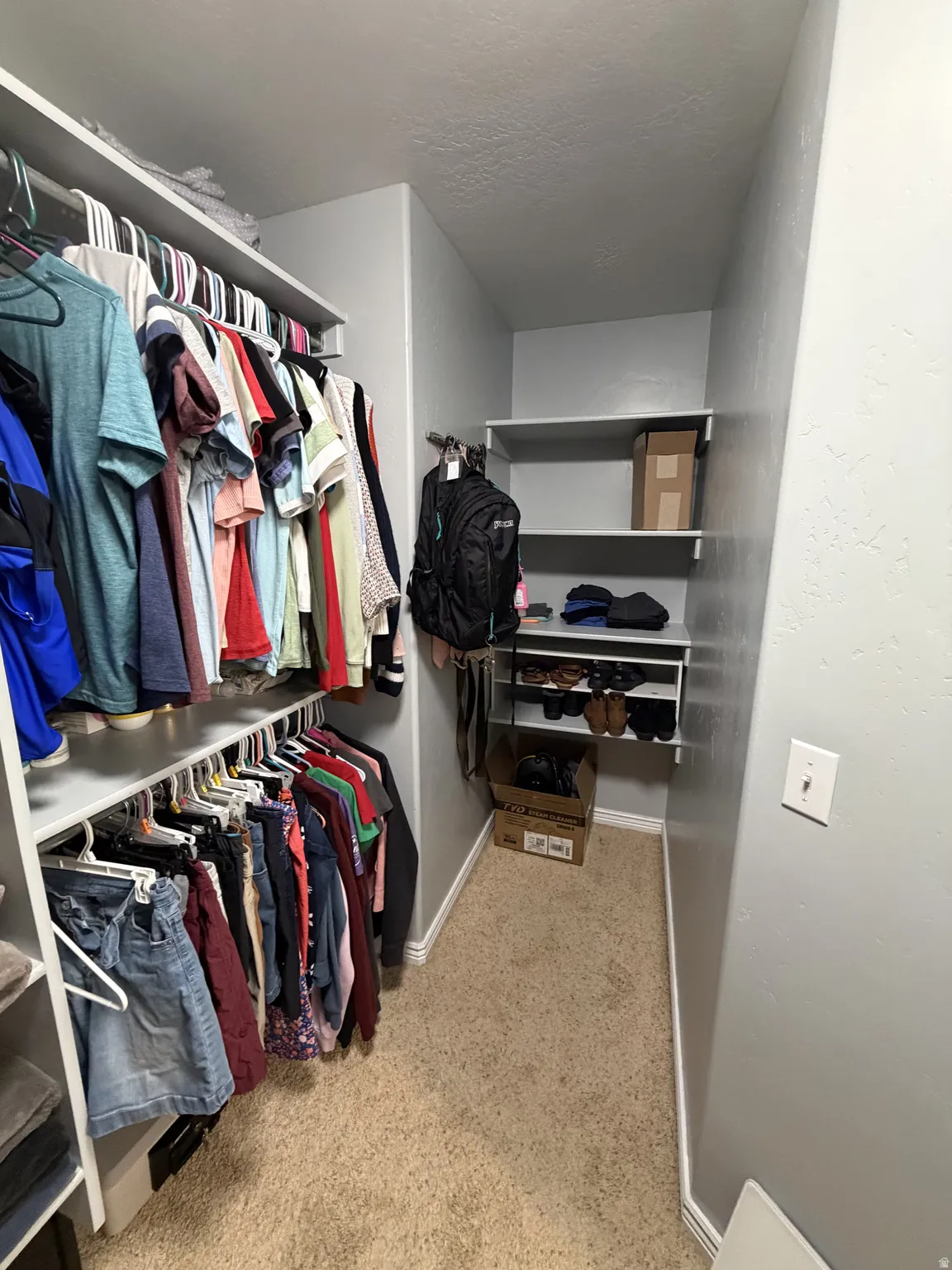 Primary suite #2 closet. Built-in storage shelving with multiple hanging rods and a neutral carpeted floor