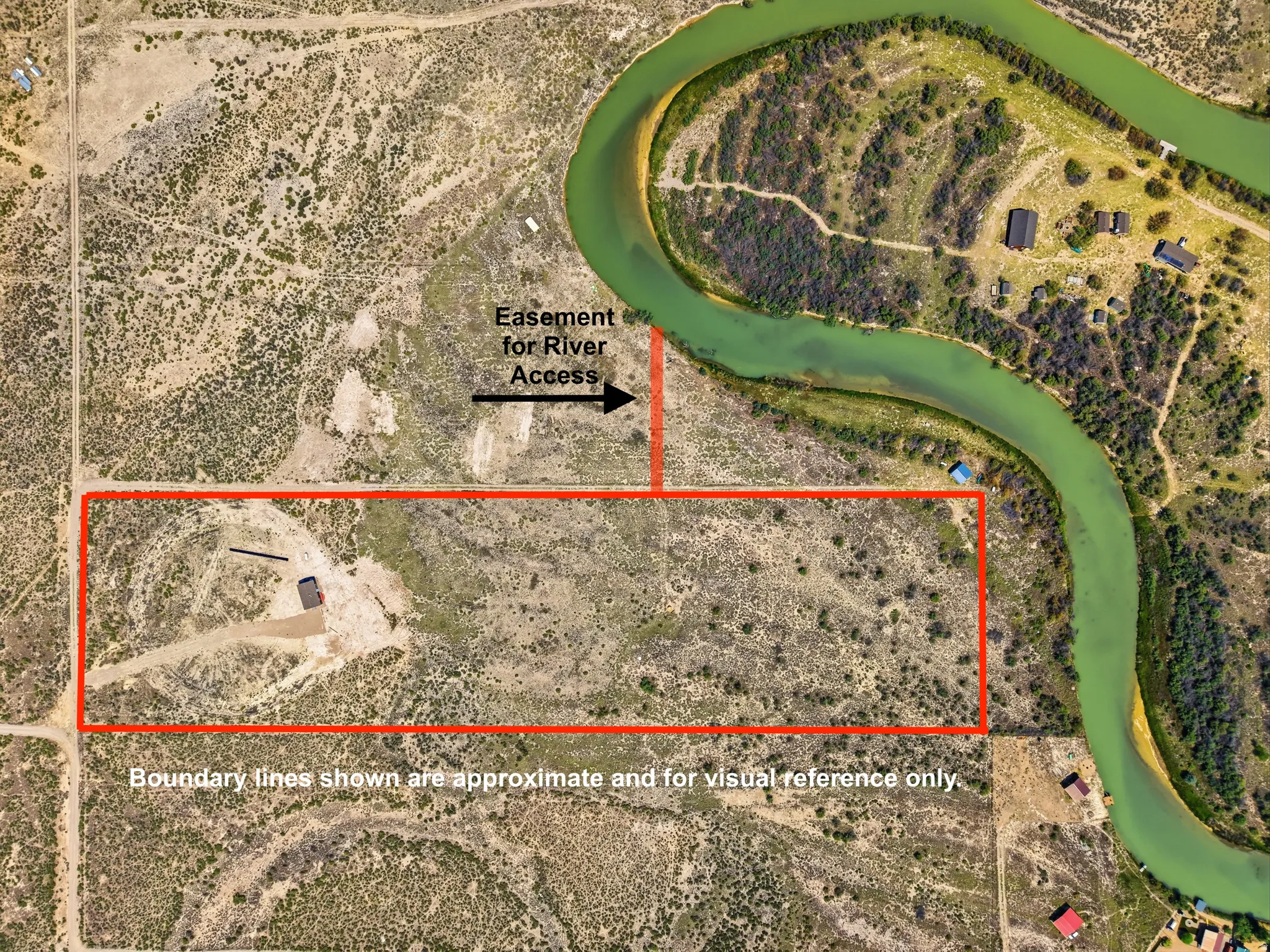 Aerial Property Map. Depicting the property's boundary and a designated easement for river access
