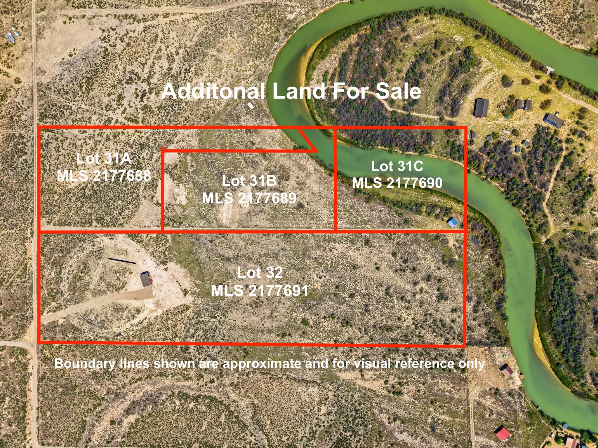 Aerial Property Map. Displaying multiple parcels of land with approximate boundary lines and MLS numbers for each lot