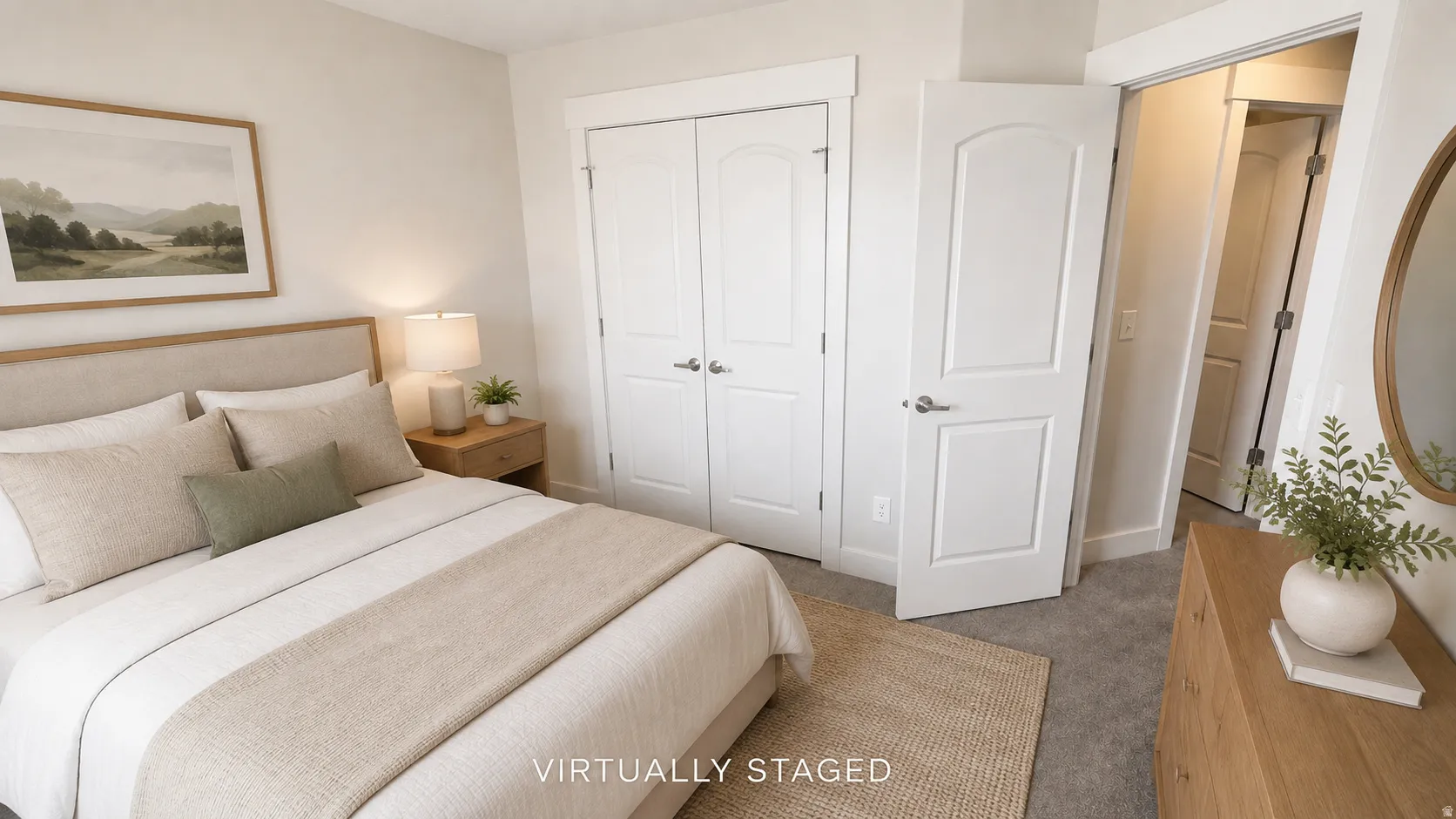 Soft neutral wall paint, two-panel interior doors, and carpet flooring