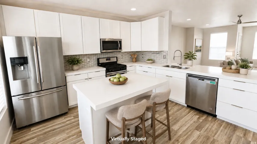 Kitchen featuring white cabinetry, stainless steel appliances, a center island with countertop seating, wood-finish flooring, and a tile backsplash