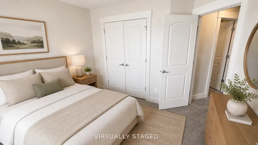 Soft neutral wall paint, two-panel interior doors, and carpet flooring