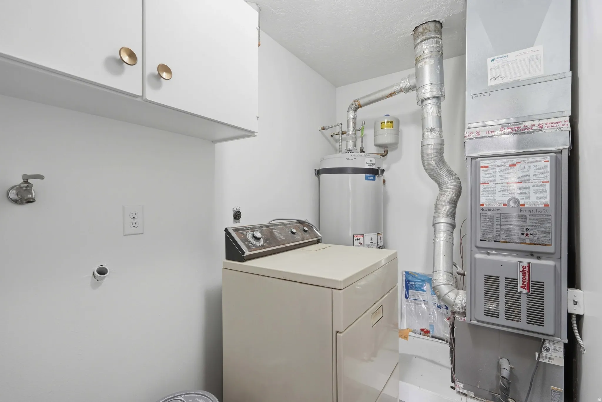 White cabinetry with brass-toned hardware, water heater, and furnace