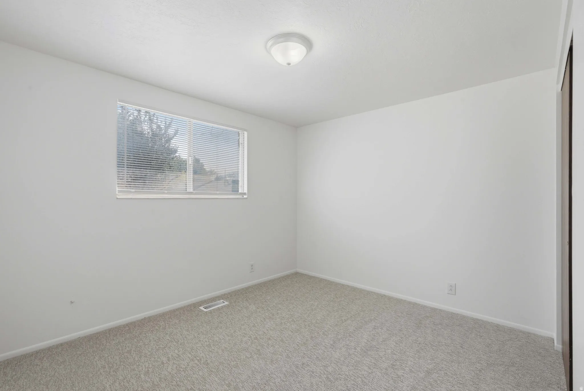 Neutral wall color, carpeted flooring, window with blinds, and flush-mount ceiling light