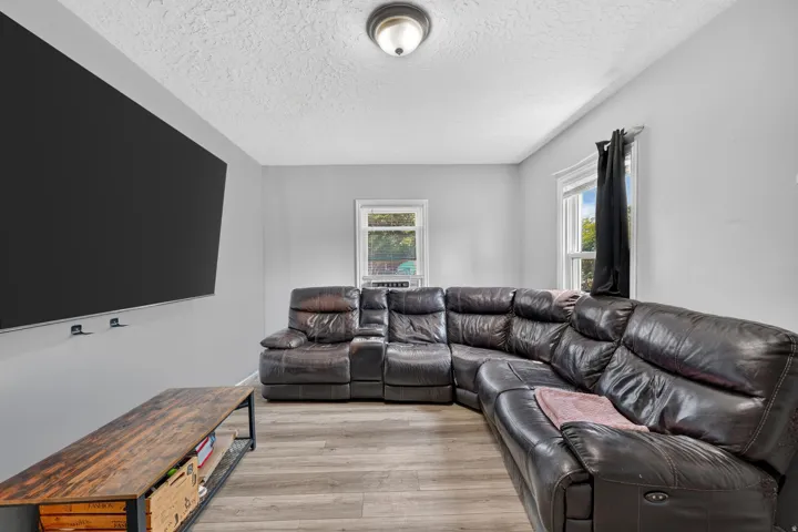 Light gray walls, wood-finish flooring, and white trim