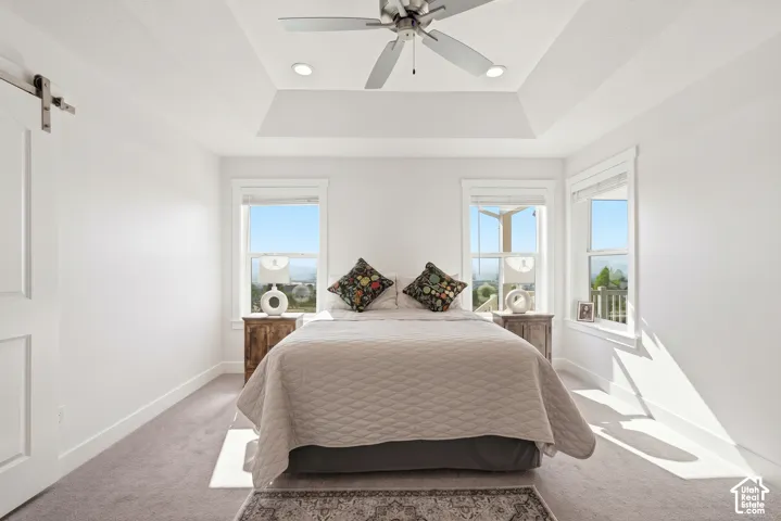 Tray ceiling with integrated recessed lighting, ceiling fan, sliding barn door, and three windows featuring mountain scenery