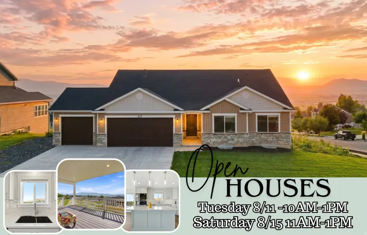 Promotional Flyer. Displaying property exterior and interior images with scheduled open house times