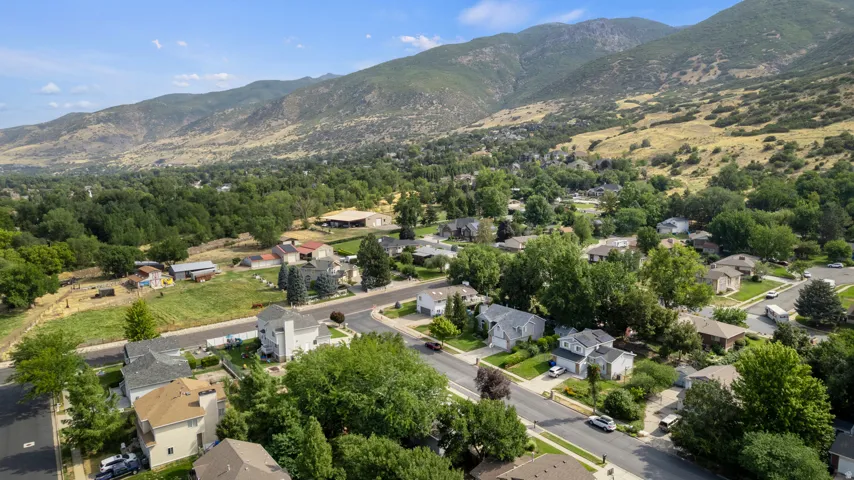 Residential neighborhood with mature trees, surrounded by mountainous terrain and natural landscaping