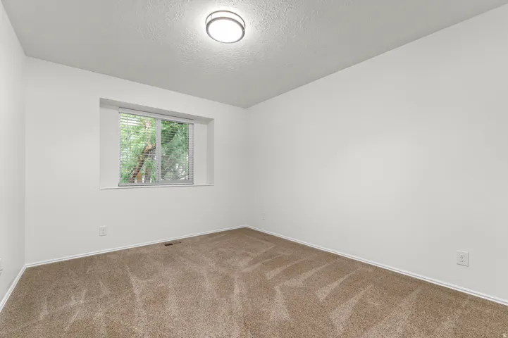 Recessed window with horizontal blinds, overhead flush mount lighting, and neutral tone carpeting