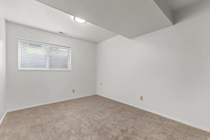 Recessed window with blinds, overhead flush-mount lighting, and neutral carpeting