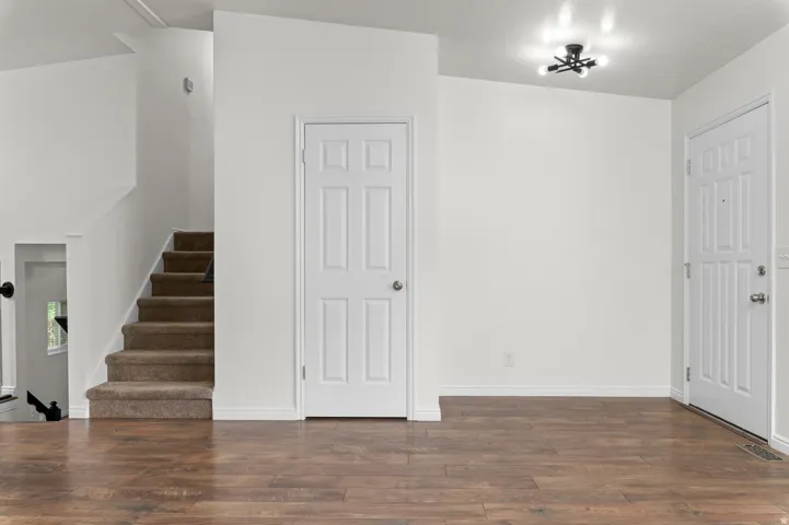 Wood-finish flooring, white paneled doors, modern ceiling light fixture, and carpeted stairs