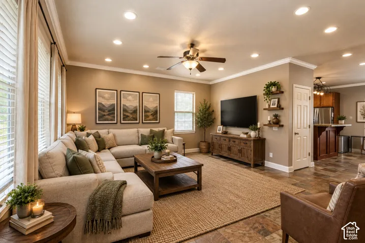 Living area featuring recessed lighting, a ceiling fan, crown molding, tile flooring, and wall-mounted shelving
