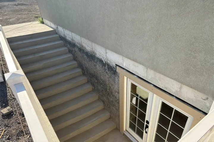 Concrete exterior stairs leading to double pane French doors