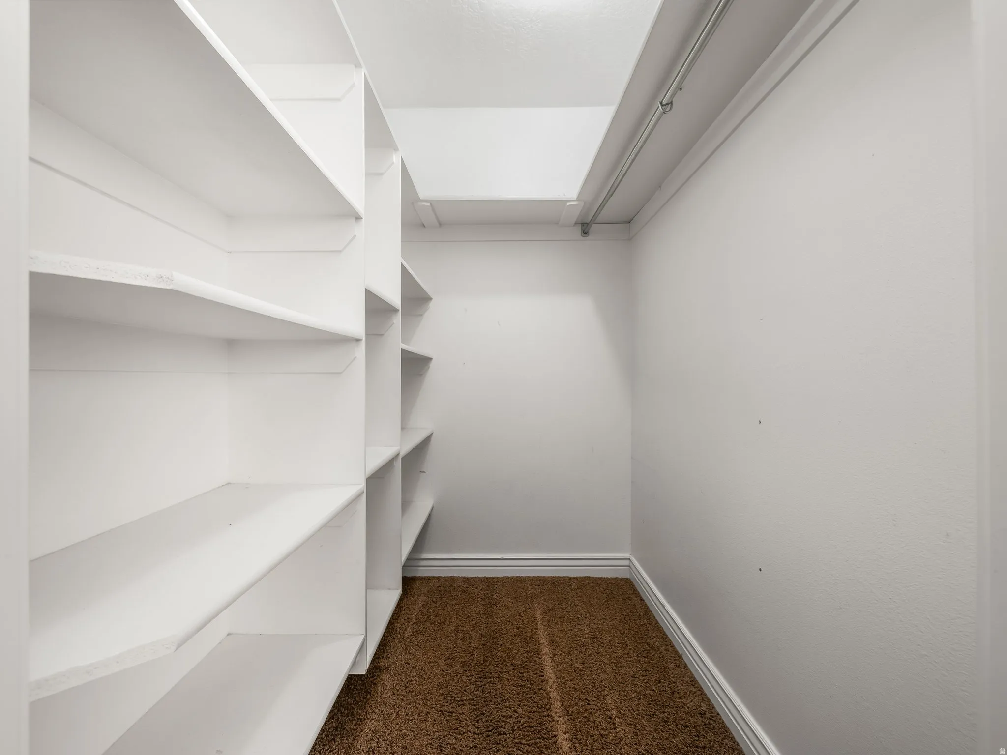 Primary bedroom, walk-in closet. Integrated shelving system and clothing rod