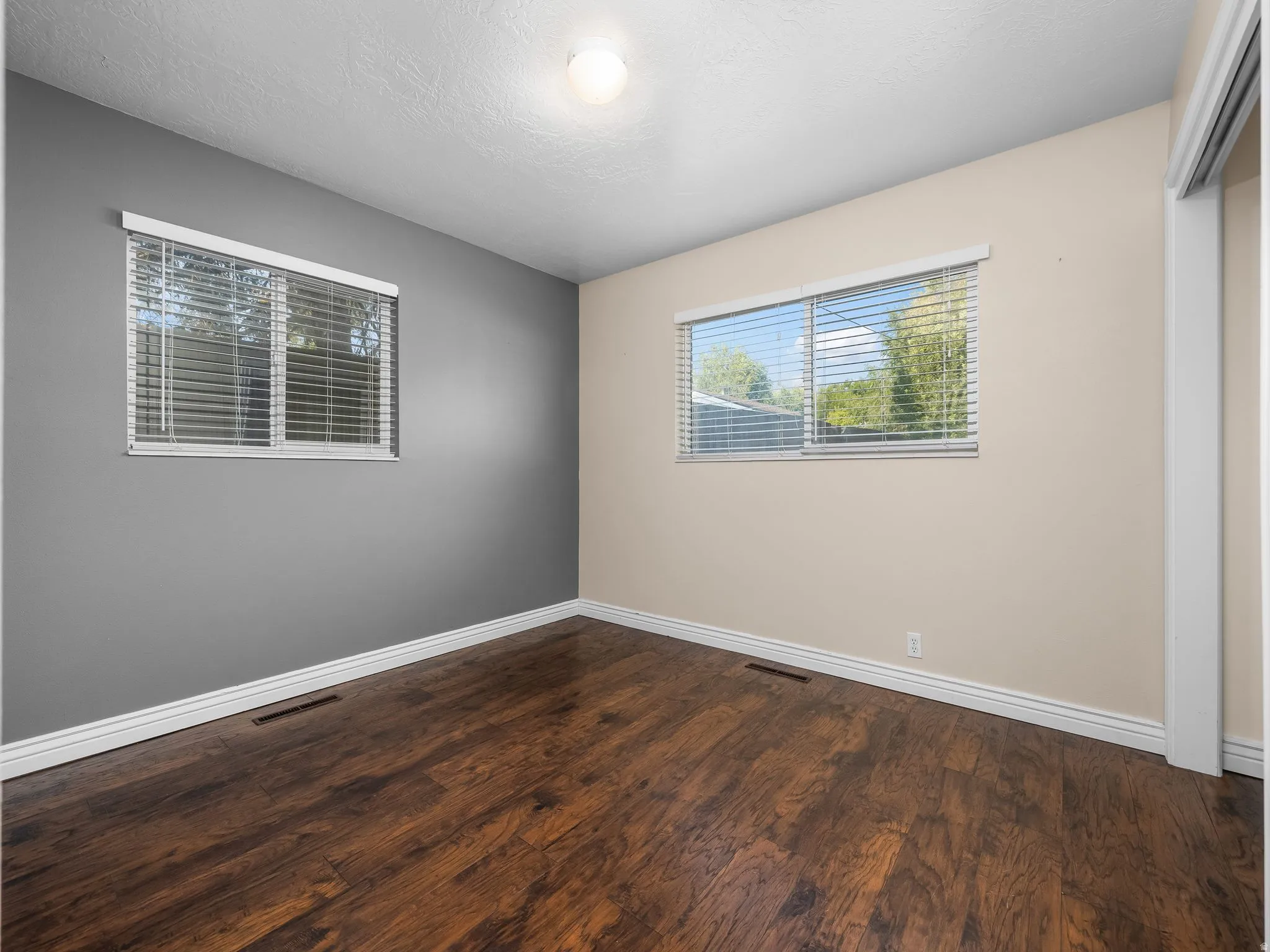 Wood-finish flooring, two large windows, white trim, and a flush mount ceiling light fixture