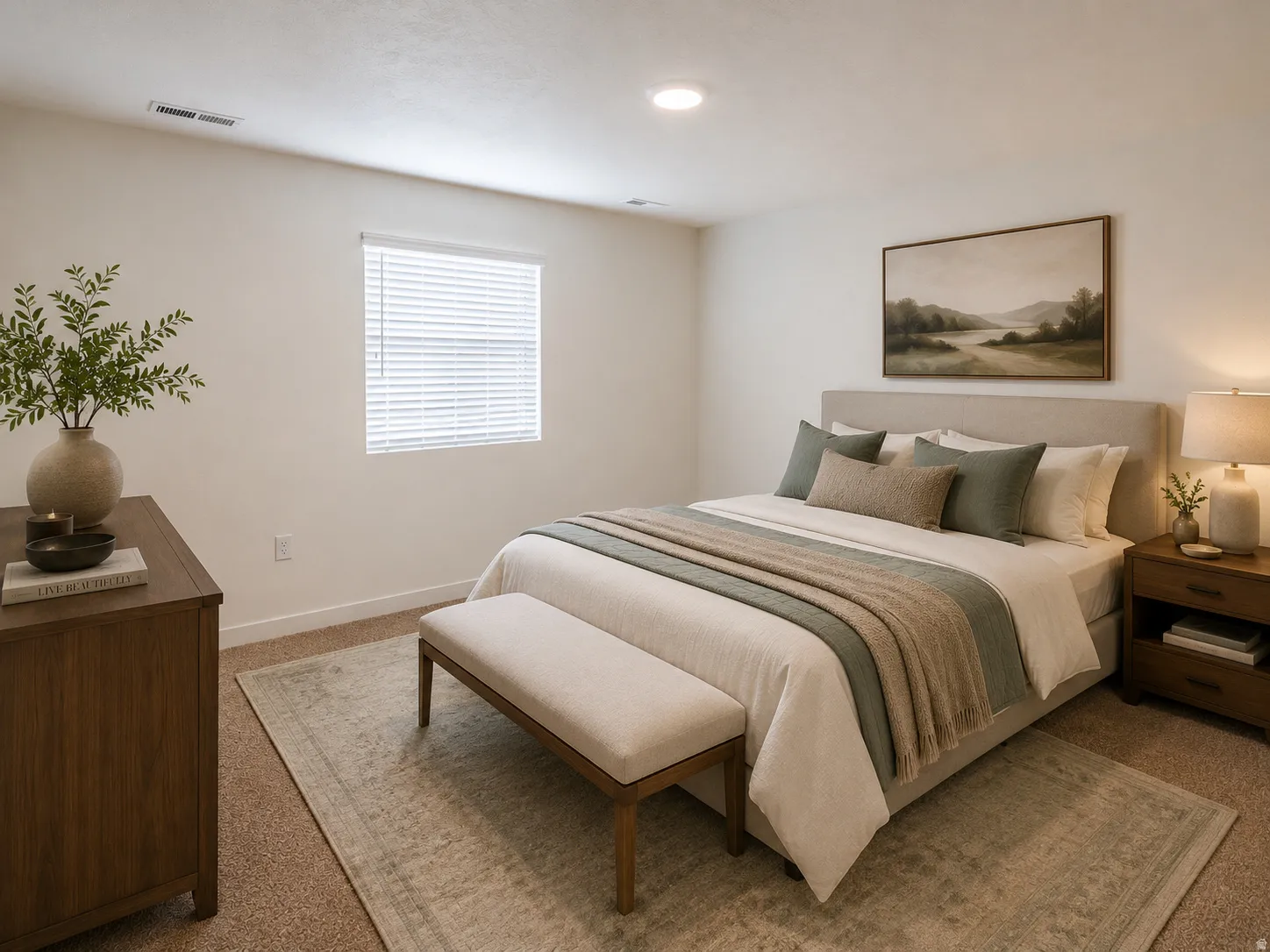 Neutral wall tones, carpet flooring, a window with blinds, and recessed lighting