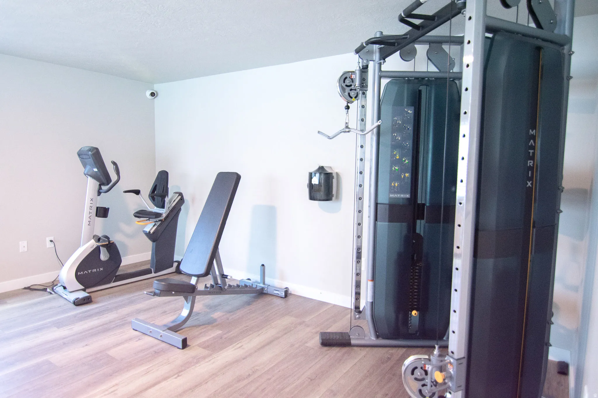 Dedicated fitness area featuring wood-finish flooring and light-toned walls