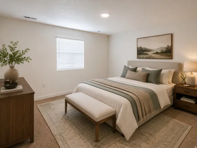 Neutral wall tones, carpet flooring, a window with blinds, and recessed lighting