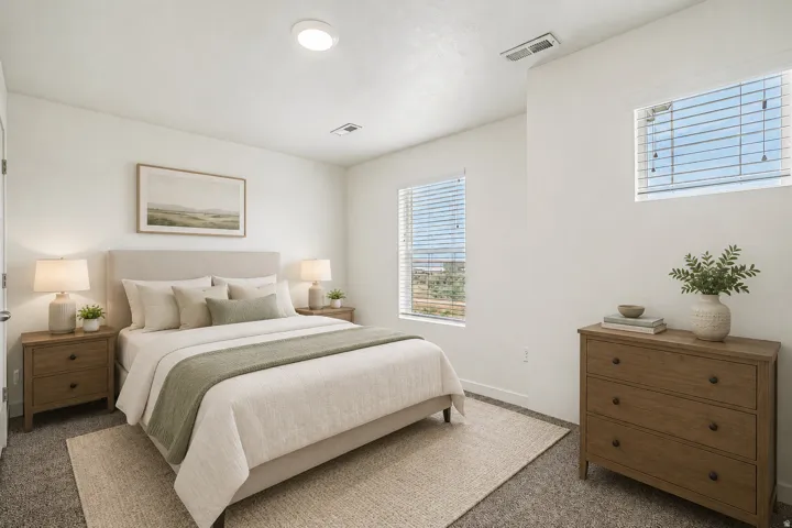 Carpeted bedroom featuring white walls and multiple windows with blinds