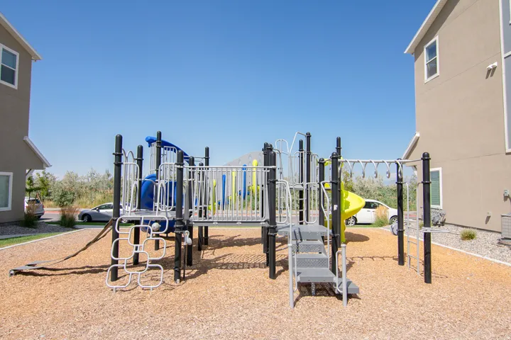 Community playground featuring multi-level structures, slides, monkey bars, and climbing elements