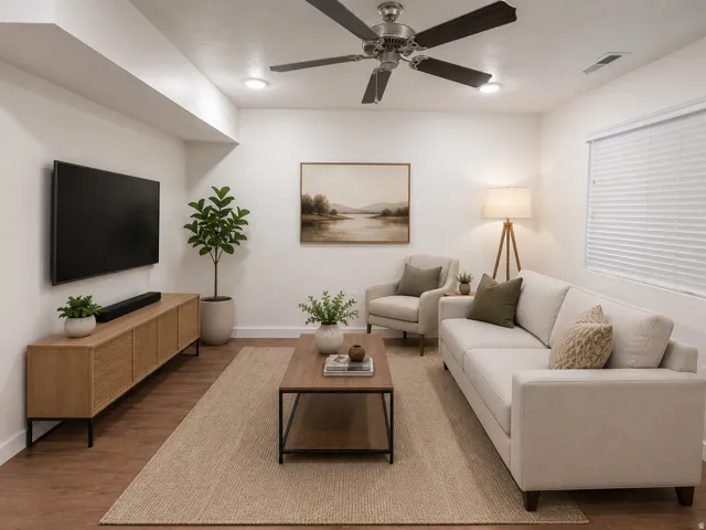 Open living area featuring wood-finish flooring, recessed lighting, and a ceiling fan