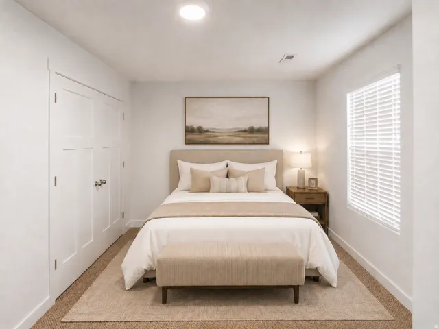 Bedroom featuring recessed lighting, a window with blinds, and white trim throughout