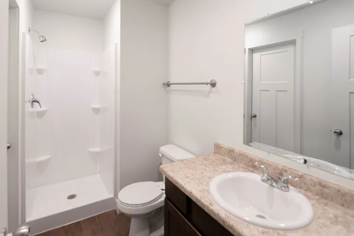 Bathroom featuring a white shower stall with built-in shelving, a toilet, a vanity with a light-colored countertop, an oval sink with chrome fixtures, and wood-finish flooring