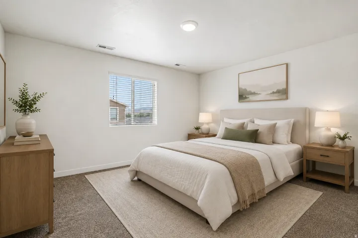 Bedroom featuring neutral wall paint, textured carpet, and a window with blinds