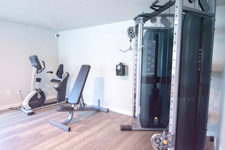 Dedicated fitness area featuring wood-finish flooring and light-toned walls
