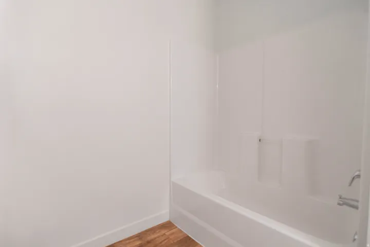 Standard white tub with an integrated shower surround and wood-finish flooring