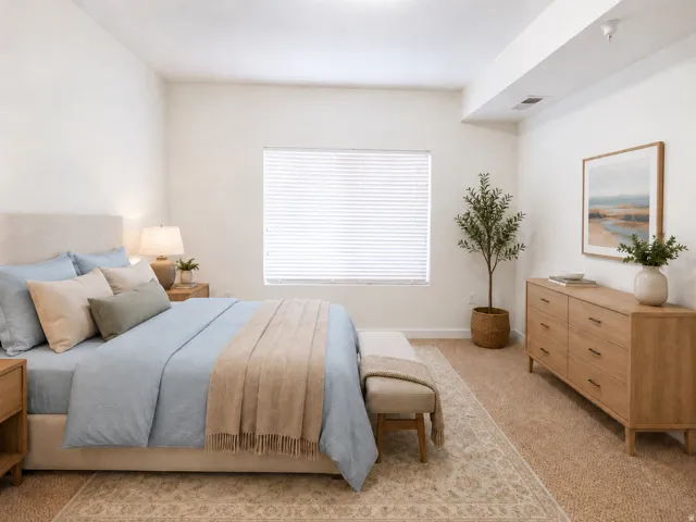 Carpeted bedroom with a single window featuring horizontal blinds