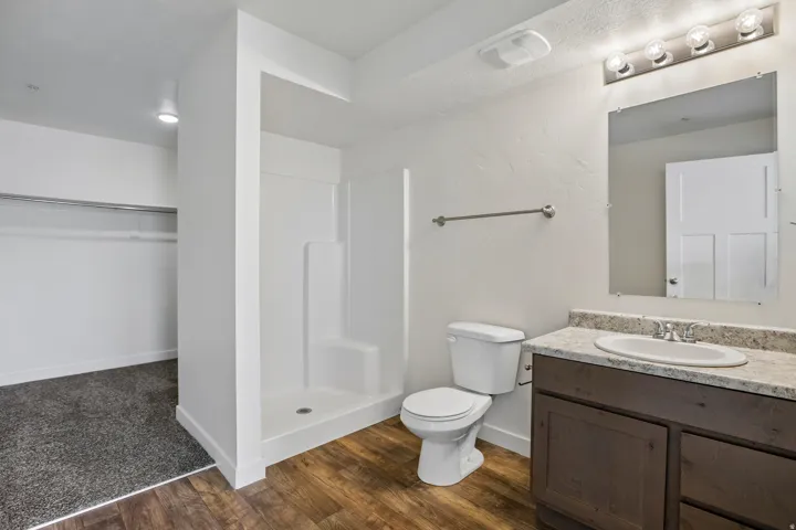Bathroom featuring a single vanity with a light-colored countertop, wood-finish flooring, a shower stall, and a toilet