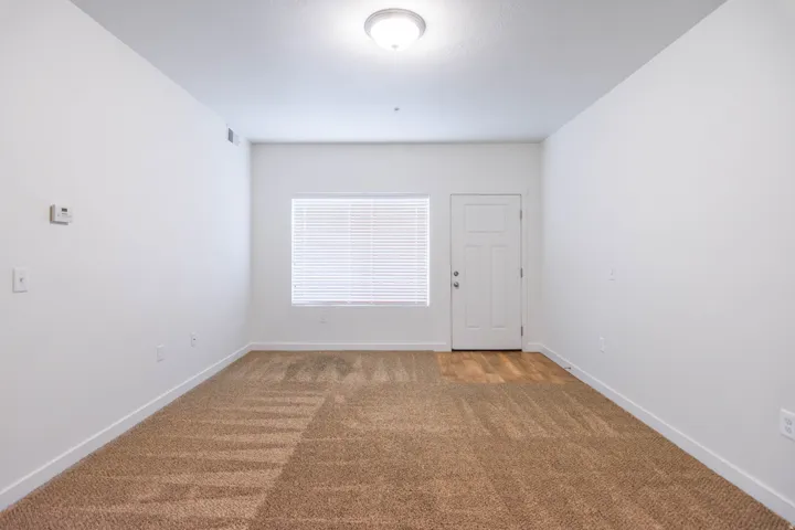 Carpeted interior space with a window featuring horizontal blinds