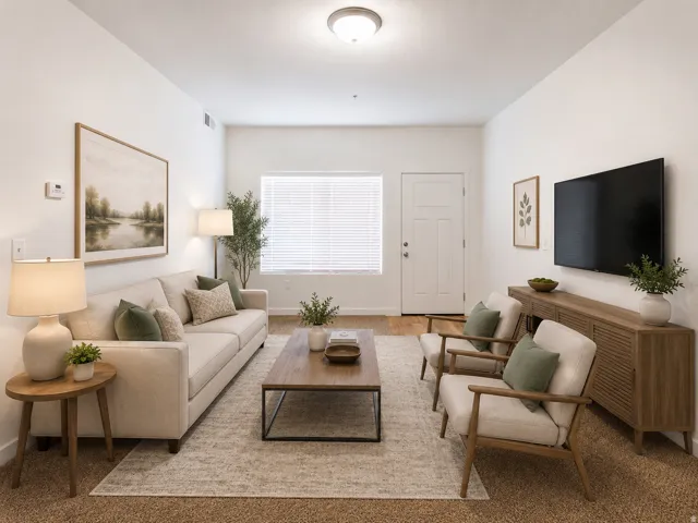Living area featuring wood-finish flooring, a white paneled door, and ample natural light from a window with blinds