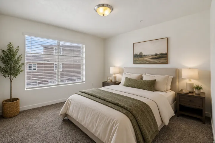 Bedroom featuring a large window with blinds, neutral-toned carpeting, and a flush mount ceiling light fixture