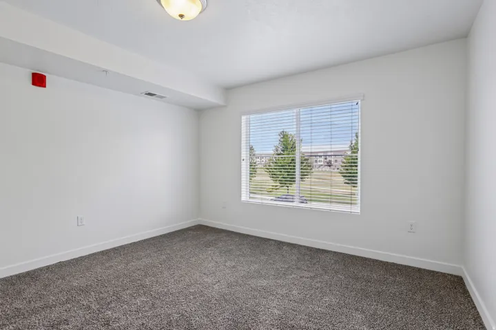Spacious room featuring neutral wall paint, gray carpet, a large window with horizontal blinds, and a ceiling-mounted light fixture