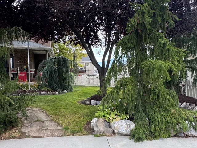 Manicured front yard featuring mature trees, landscaped beds with natural stone, and a concrete walkway