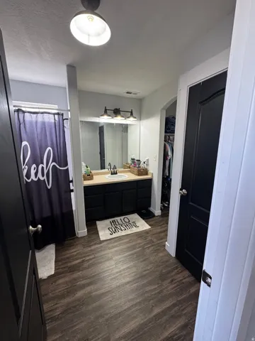 Wood-finish flooring, dark wood vanity with undermount sink, three-light vanity fixture, and full-width mirror