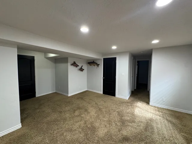 Recessed ceiling lighting, light gray wall paint, dark paneled doors, carpeted flooring, and white trim