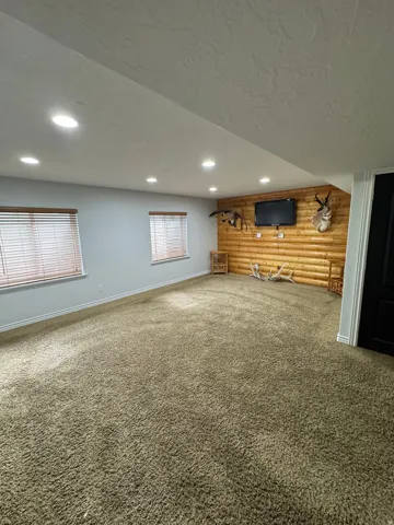 Recessed ceiling lighting, textured wall finishes, horizontal blinds, and carpet flooring