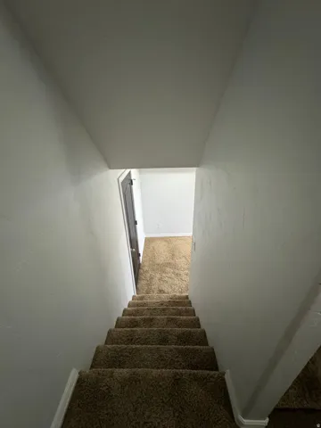 Carpeted staircase with white painted walls