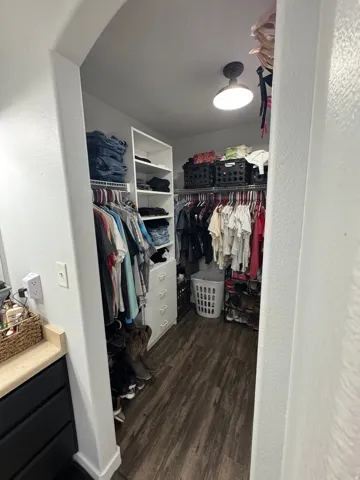 Walk-in closet featuring wood-finish flooring, built-in shelving, and integrated hanging rods