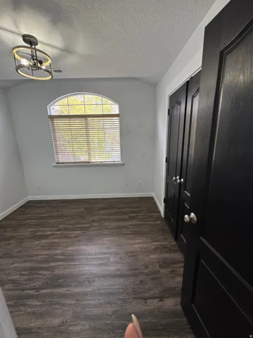 Wood-finish flooring, arched window with horizontal blinds, black paneled doors, and a decorative ceiling light fixture