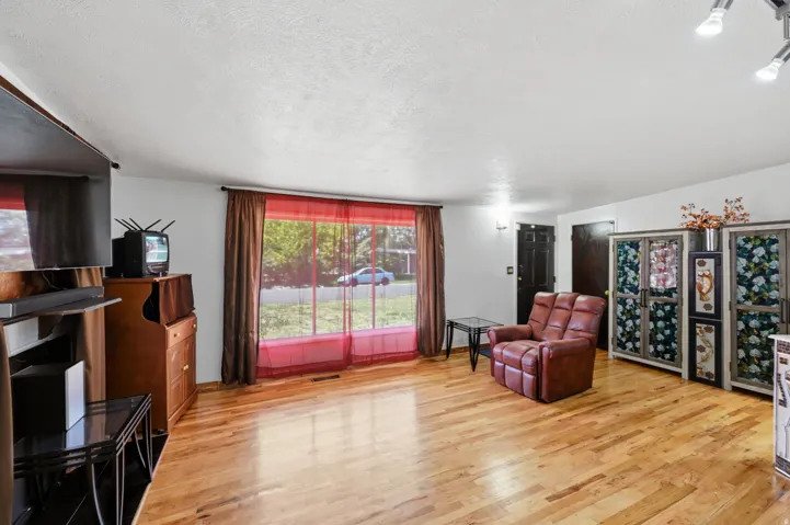 Wood-finish flooring throughout, large window with ample natural light, recessed lighting, and a dark-paneled entry door